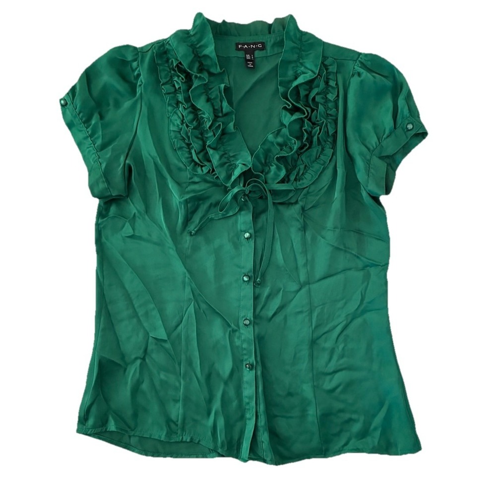 Y2K Fang Top Women's L Green Satin Ruffles Coquette Puff Sleeve‎ Romantic *flaws